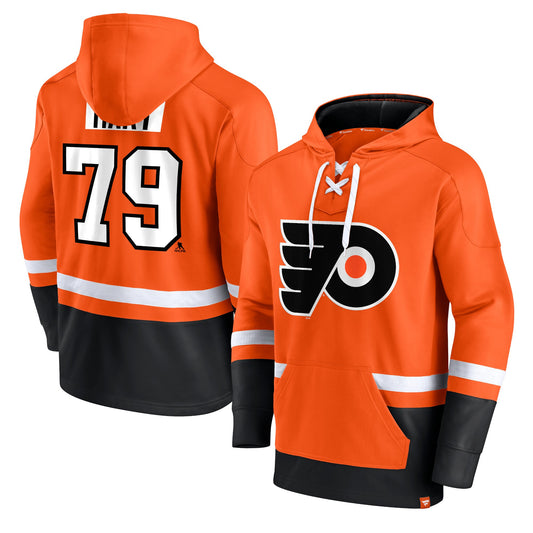 Carter Hart Philadelphia Flyers Fanatics Branded Player Lace-Up V-Neck Pullover Hoodie - Orange/Black