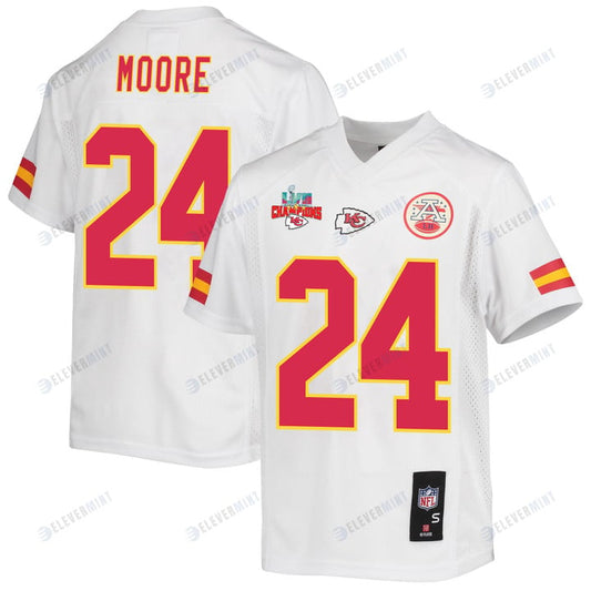 Skyy Moore 24 Kansas City Chiefs Super Bowl LVII Champions 3 Stars Youth Game Jersey - White