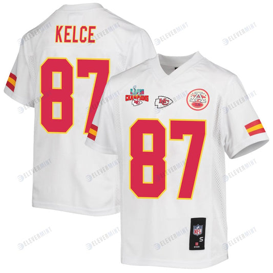 Travis Kelce 87 Kansas City Chiefs Super Bowl LVII Champions 3 Stars Youth Game Jersey - White